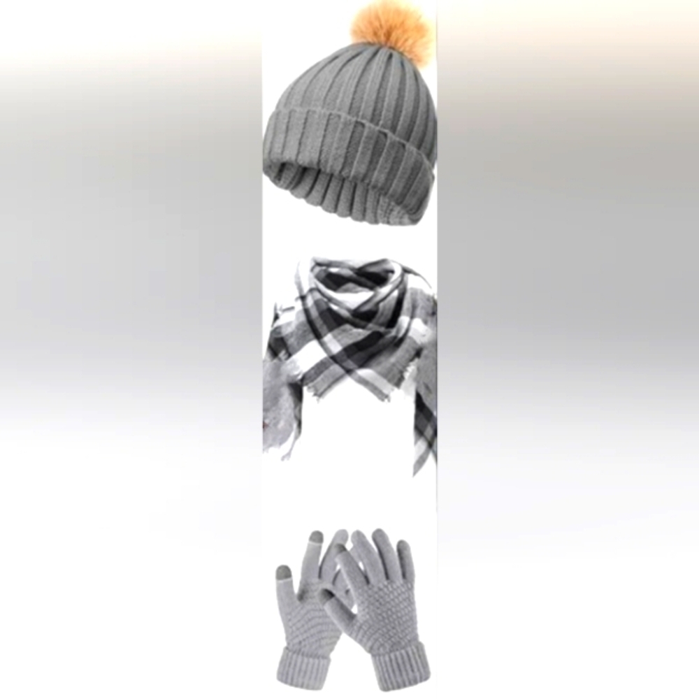 NEW Plaid Knit Blanket Scarf, Touchscreen Gloves & Pom Beanie Set